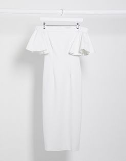 bardot ruffle sleeve midi dress in white
