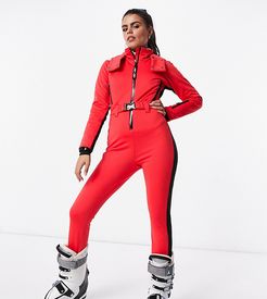 4505 Petite ski fitted belted ski suit with hood and side stripe-Red