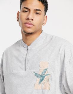 oversized half zip T-shirt with chest logo in gray heather-Grey