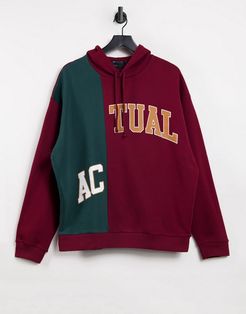 oversized hoodie with cut and sew logo in burgundy and teal-Red