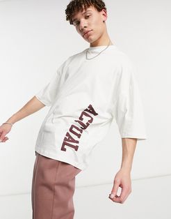 oversized t-shirt in cream with burgundy applique logo - part of a set-Beige