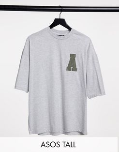 Tall oversized T-shirt in gray with corduroy applique logo-Grey