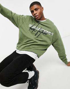 oversized sweatshirt in khaki with print & embroidered logo-Green