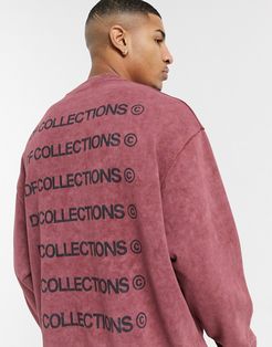 washed sweatshirt in burgundy with repeat back logo print-Red