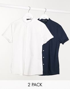 2 pack skinny fit shirt with band collar in white/black-Multi