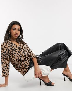 3/4 sleeve shirt with pocket detail in leopard animal print-Multi