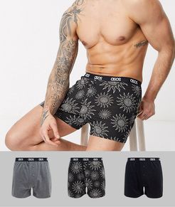 3 pack boxers in black and charcoal marl with sun print save