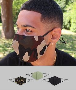 3 pack face coverings with adjustable straps and nose clip in camouflage print-Black