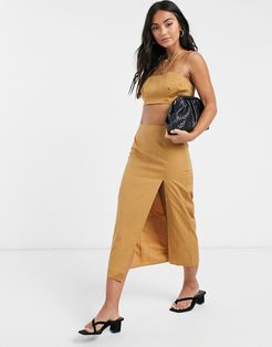 3 piece suit midi skirt in camel pinstripe-Multi