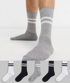 5 pack sports style socks in monochrome with stripes save-Multi