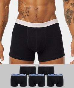 5 pack trunk in black organic cotton with dusty pink and pale blue branded waistbands