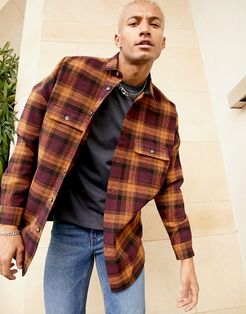 90s oversized wool heavy plaid shirt in burgundy-Red