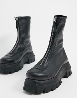 Apricot premium leather chunky zip front boots in black