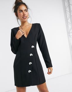 aysmmetric wrap mini dress with contrast buttons in black