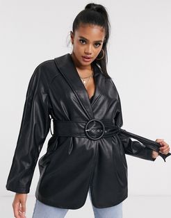 belted leather look jacket in black