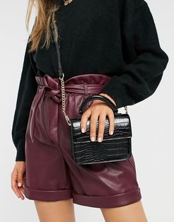 boxy crossbody bag with top handle in black croc