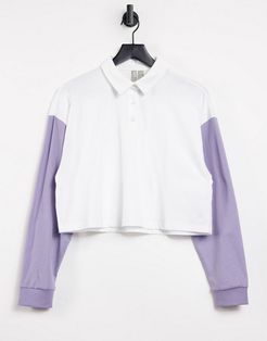 boxy polo T-shirt in color-block in white and lilac