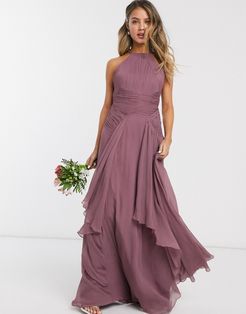 Bridesmaid pinny maxi dress with ruched bodice and layered skirt detail-Purple