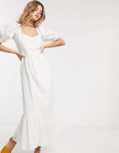 eyelet tiered maxi dress with puff sleeves and open back in white