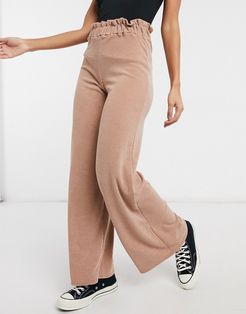 brushed ribbed wide leg pants with paperbag waist in pink