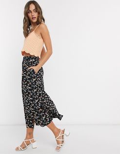 button front midi skirt in black floral print-Multi