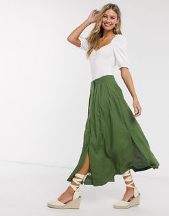 button front midi skirt in khaki-Green