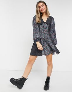 button front mini skater dress with collar in mixed ditsy floral-Multi