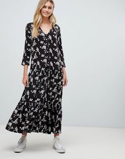 button through casual maxi dress in washed floral print-Multi