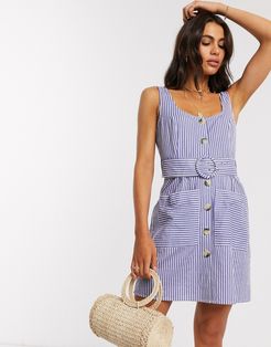 button through linen mini sundress with self covered belt in stripe-Multi