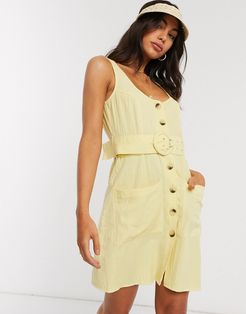 button through linen mini sundress with self covered belt in yellow
