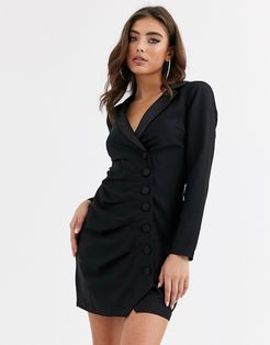 button through ruched tux mini dress in black