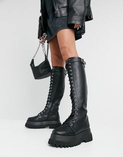 Camera chunky lace up knee boots in black