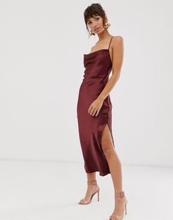 cami midi slip dress in high shine satin with lace up back-Purple
