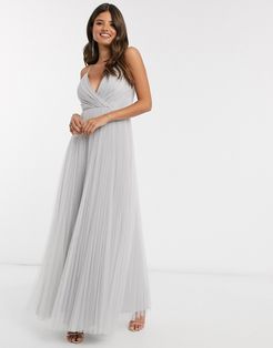 cami pleat tulle maxi dress in silver