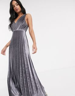 cami strappy back pleated skater maxi dress in velvet-Silver