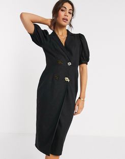 casual midi tux dress with mixed buttons in black