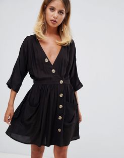 casual mini dress with pocket & side buttons-Black