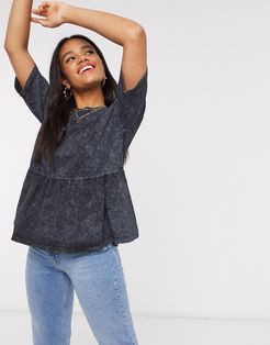 casual smock top in washed charcoal-Gray