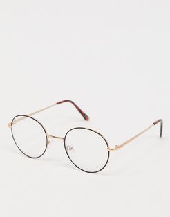 clear lens black round glasses with gold nose bridge