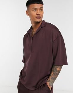 co-ord oversized polo shirt with deep revere in brown scuba