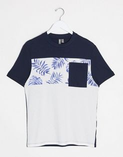 color block t-shirt with floral print and pocket-Navy