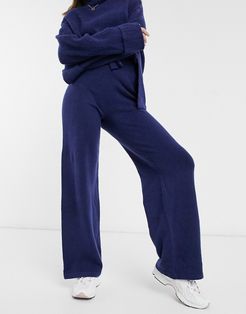 coordinating wide leg knitted pants with tie waist detail in blue