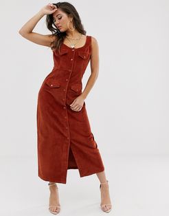 cord midi dress in conker-Brown