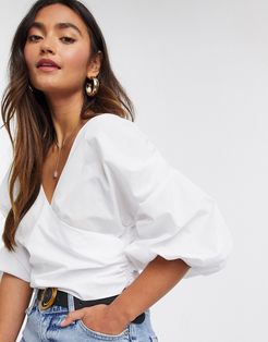 cotton fallen shoulder wrap top with volume sleeve in Ivory-White