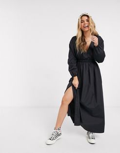 cotton poplin plunge wrap maxi dress with elasticated waist-Black