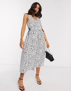 cotton poplin wrap smock midi dress with drawstring waist in mono splodge print-Multi