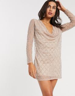 cowl front pearl embellished mini dress in blush-Pink