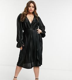 ASOS DESIGN Curve blouson sleeve belted wrap midi dress in black