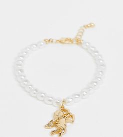 ASOS DESIGN Curve bracelet with pearl and cherub in gold tone