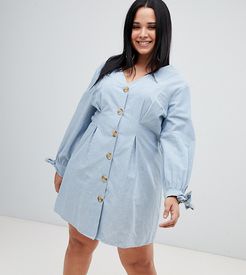 ASOS DESIGN Curve button through mini casual skater dress with tie sleeves in chambray-Blues